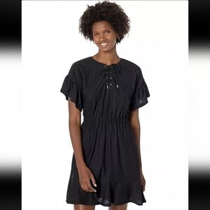 MICHAEL Michael Kors Lace -Up Ruffle Sleeve Smocked Mini Dress Black, Size Large